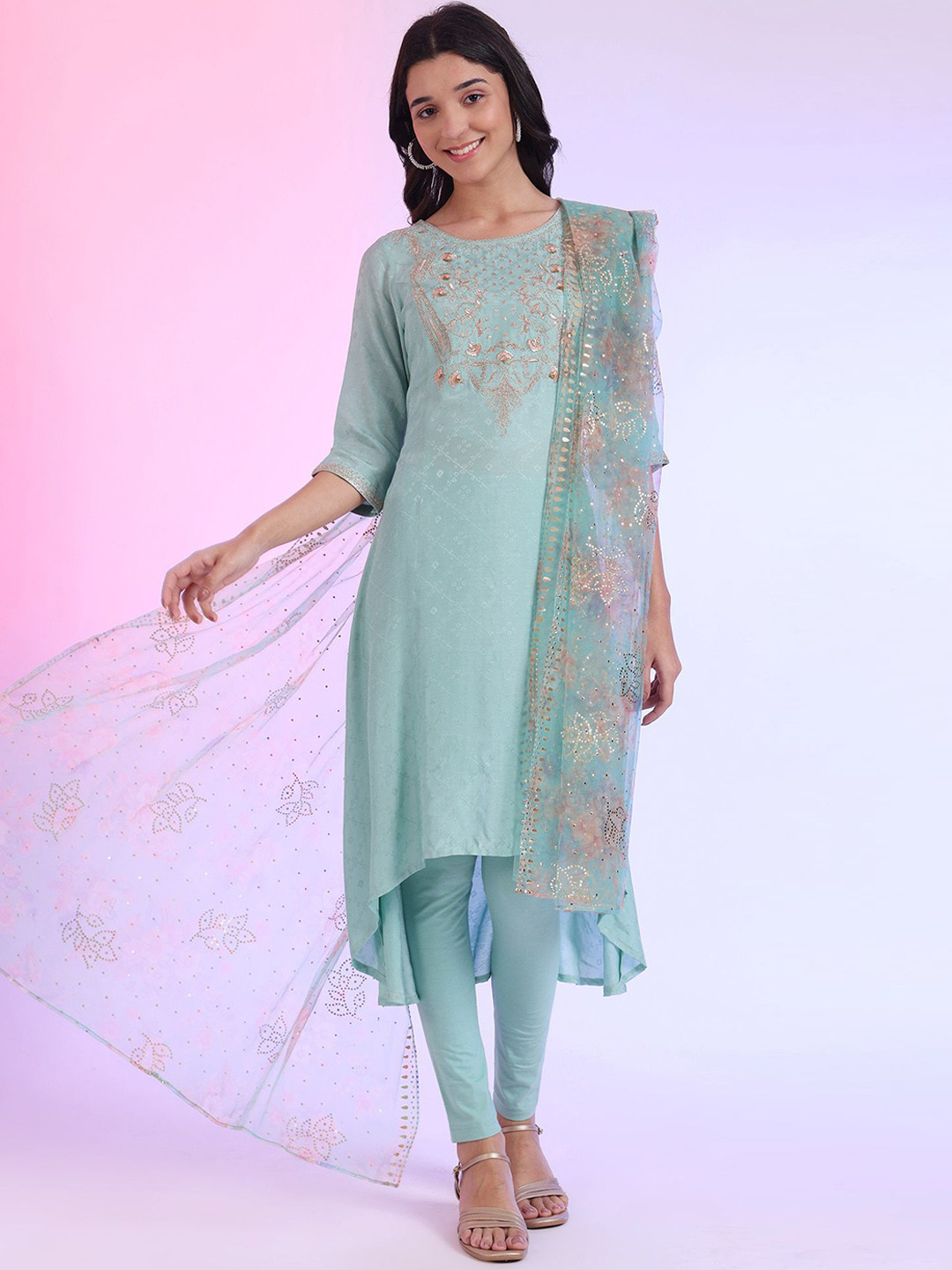 AURELIA loral Embroidered Round Neck Straight Kurta With Legging And Dupatta