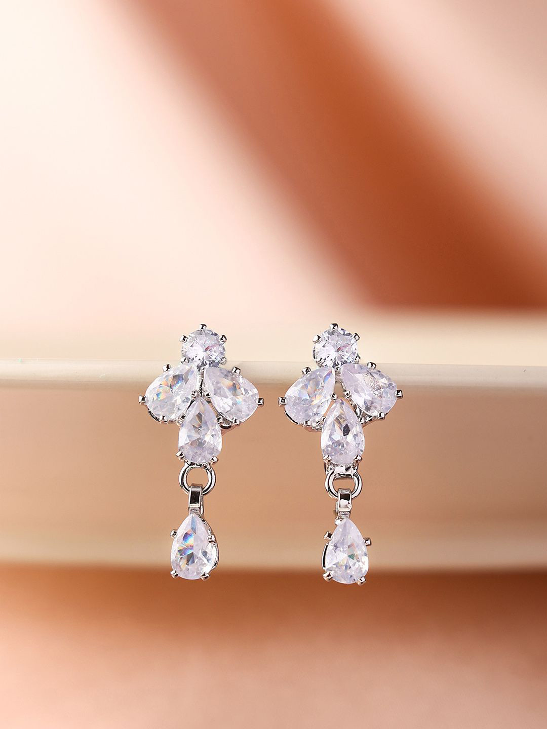 PRITA Silver Plated American Diamond And Crystal Studded Contemporary Shaped Drop Earrings