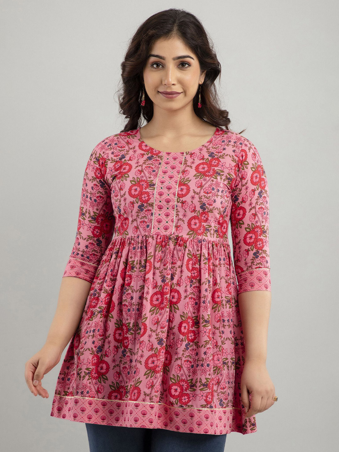Tailors Art Women Floral Printed Mirror Work Mirror Work Pleated Kurti