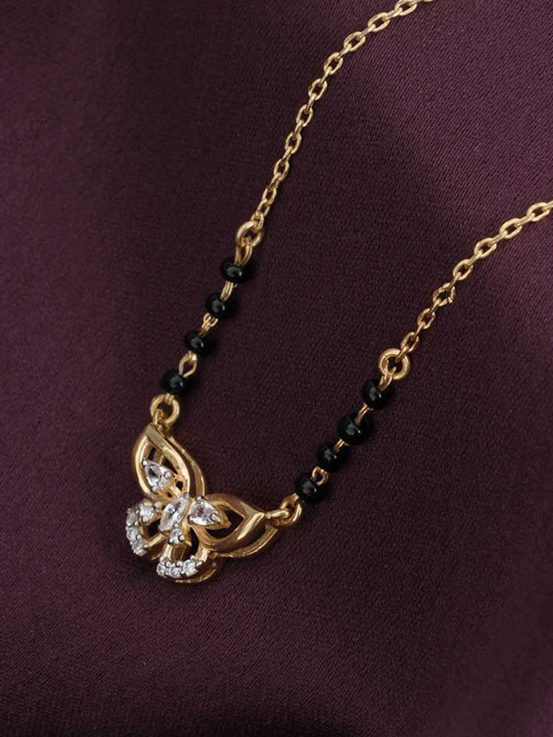 PALMONAS 925 Sterling Silver Gold-Plated Stones and Beads Wings Of Butterfly Mangalsutra