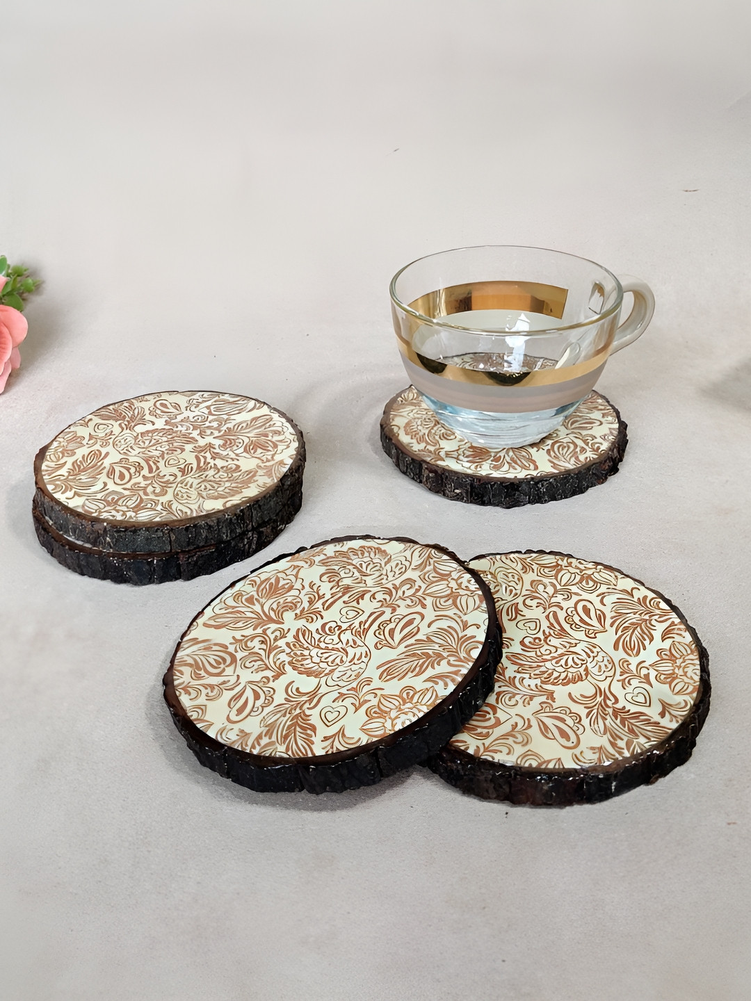 THE HOME CO. Cream & Brown  5 Pieces Ethnic Motifs Printed Wooden Circular Shaped Coasters