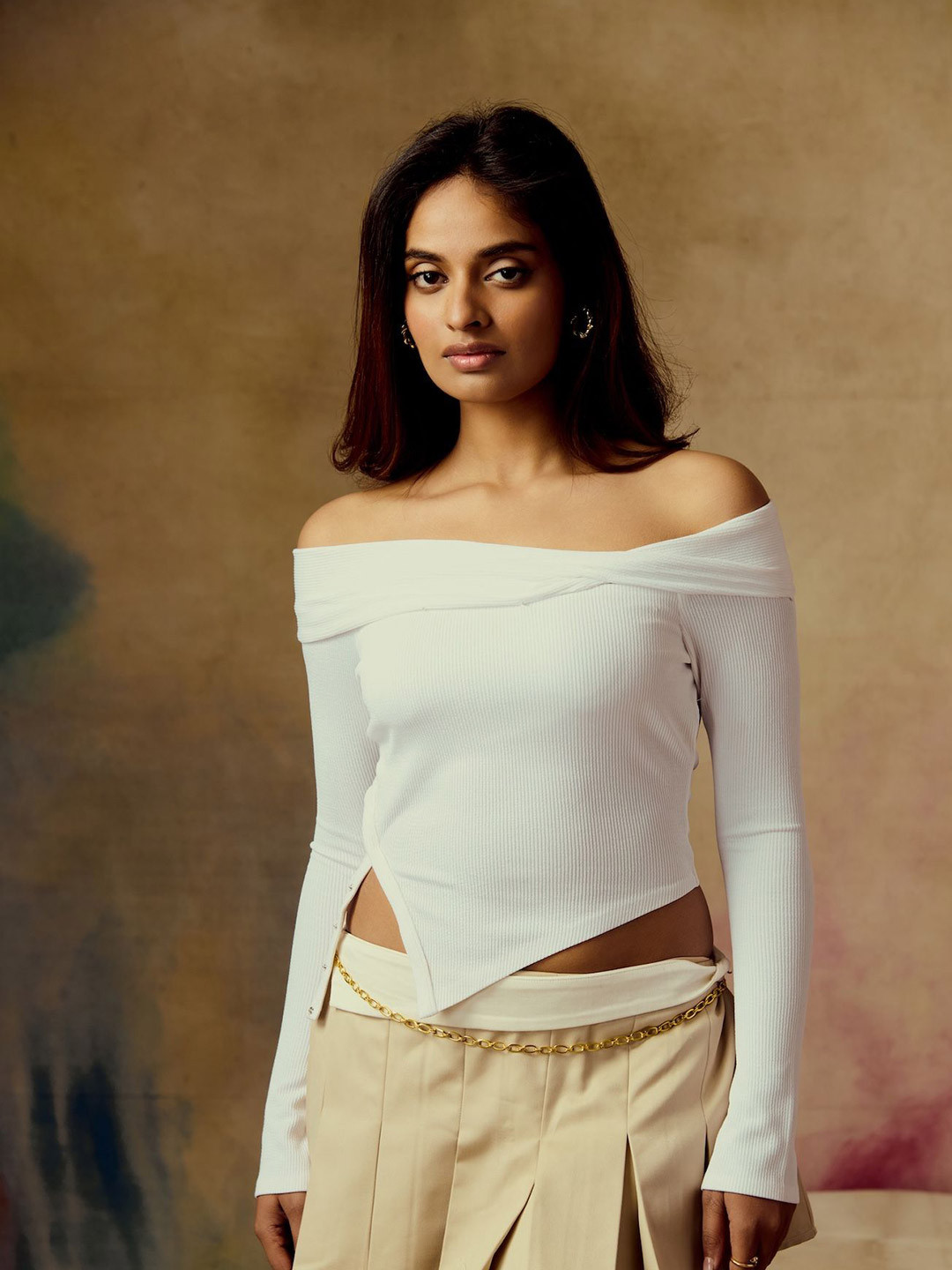 Lea Clothing Co. Beryl White Ribbed Off-Shoulder Top