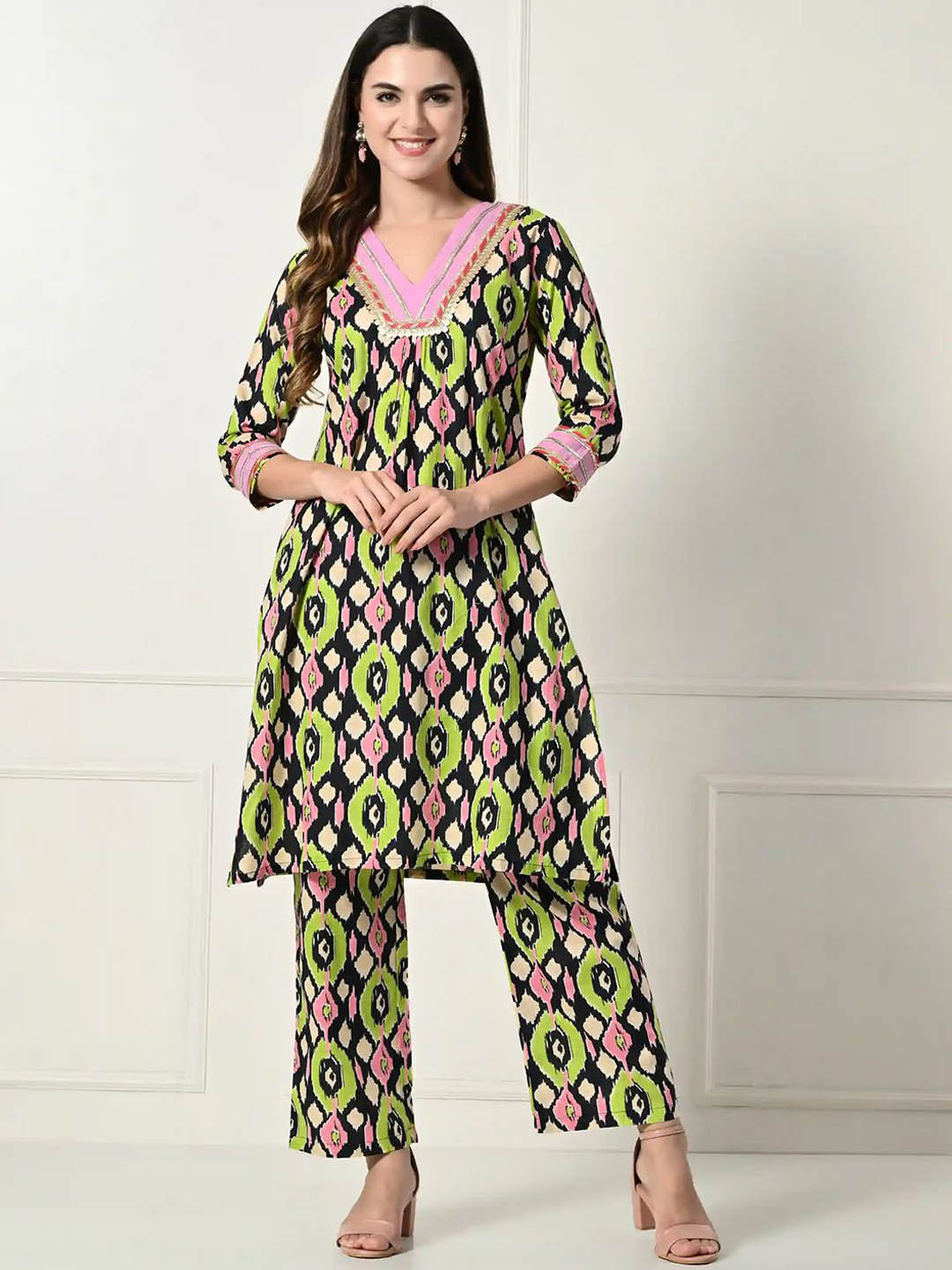 Laado - Pamper Yourself Geometric Printed Pure Cotton Pleated A-Line Kurta With Palazzos