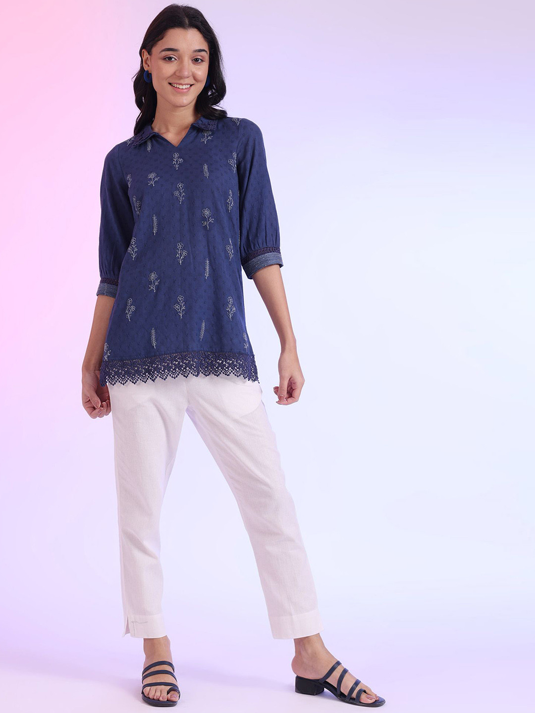 AURELIA Floral Pirnted Shirt Collar Pure Cotton Straight Kurtis