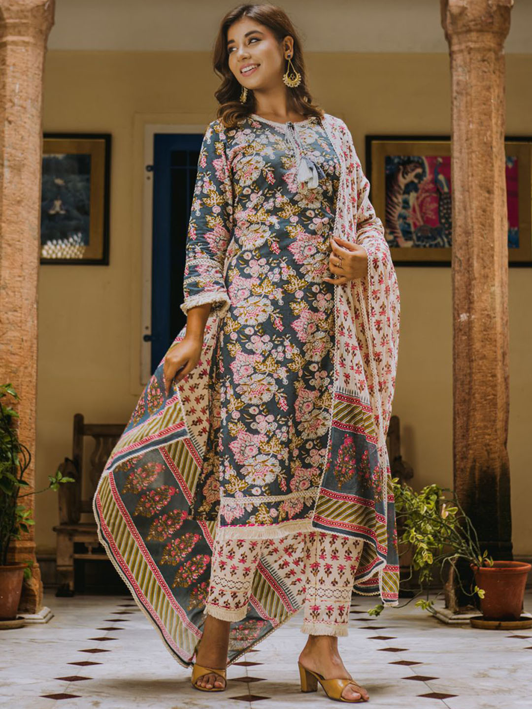 POPPIES LANE Steel Blue Floral Print Cotton Suit Set