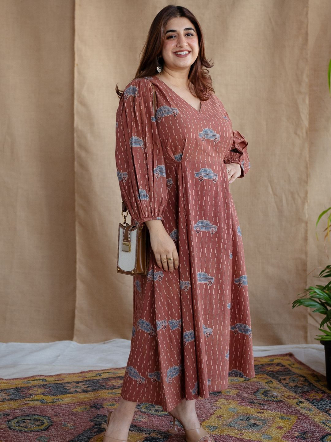 THE INDIAN ETHNIC CO Brick Red A-Line Ajrakh Cotton Dress