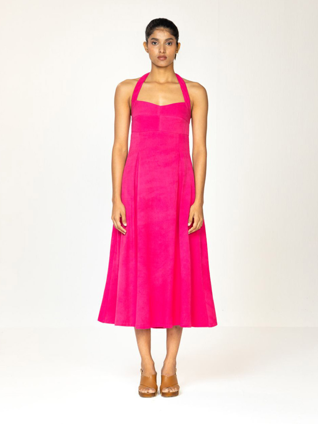 Past Modern Women Halter Neck Sleeveless Linen A-Line Midi Dress