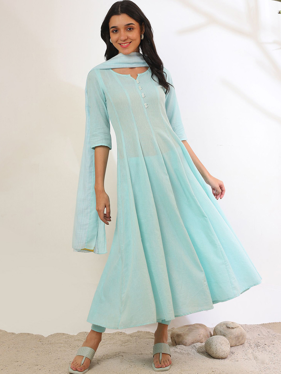 AURELIA Notch Neck Pure Cotton Anarkali Kurta With Leggings And Dupatta