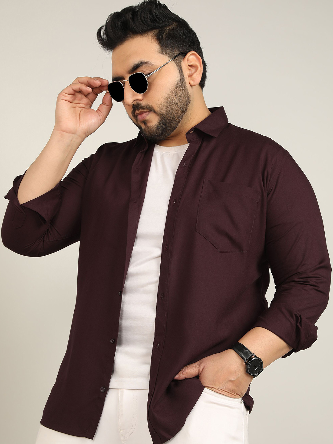 ADWYN PETER Men Plus Size Classic Fit Spread Collar Solid Cotton Casual Shirt