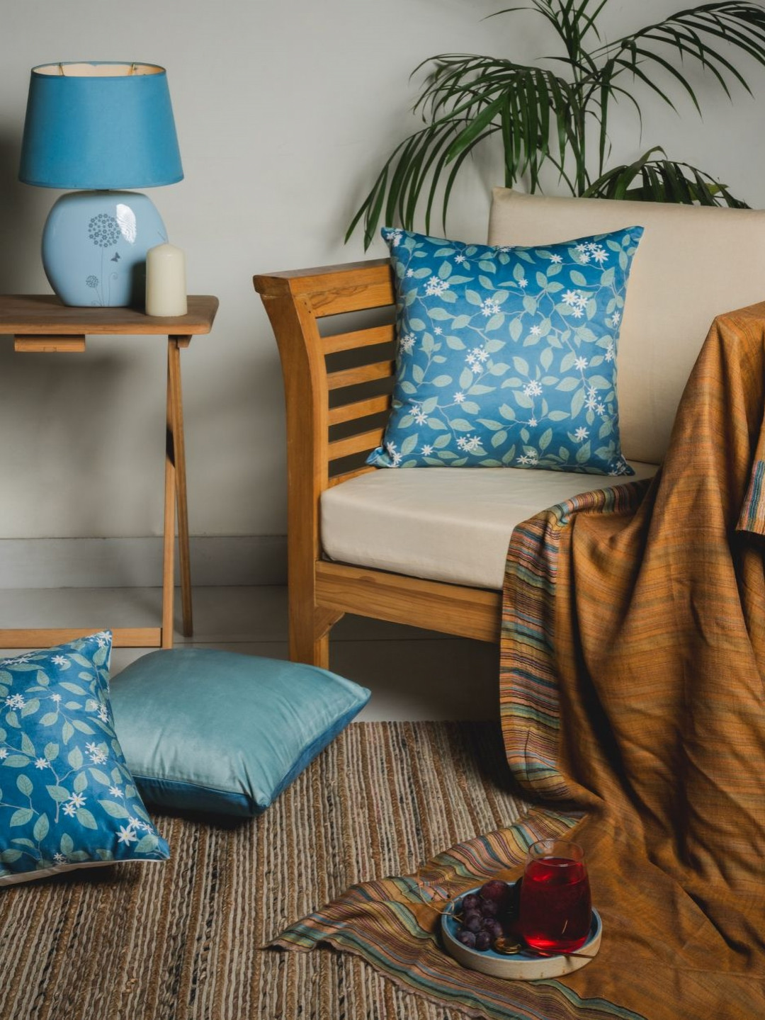 Abolee Homes Mogra Blue Floral Velvet Durable 3 Pcs Square Cushion Covers - 16 x 16 In