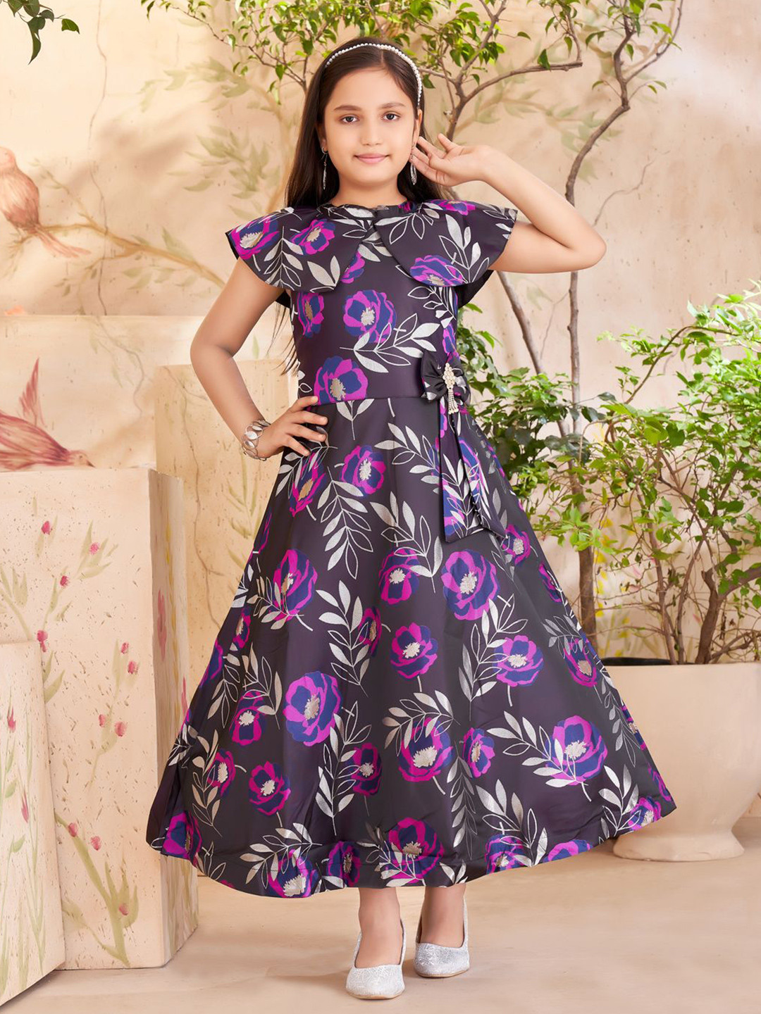 Sangria Girls Floral Printed Peter Pan Collar Sleeveless Maxi Fit and Flare Dresses