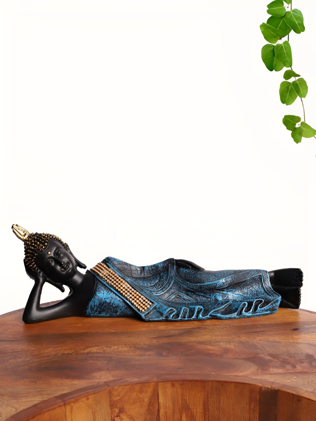 INTERNATIONAL GIFT Reclining Buddha Blue Polyresin Glossy Prayer Room Small Showpiece - 4 Inches