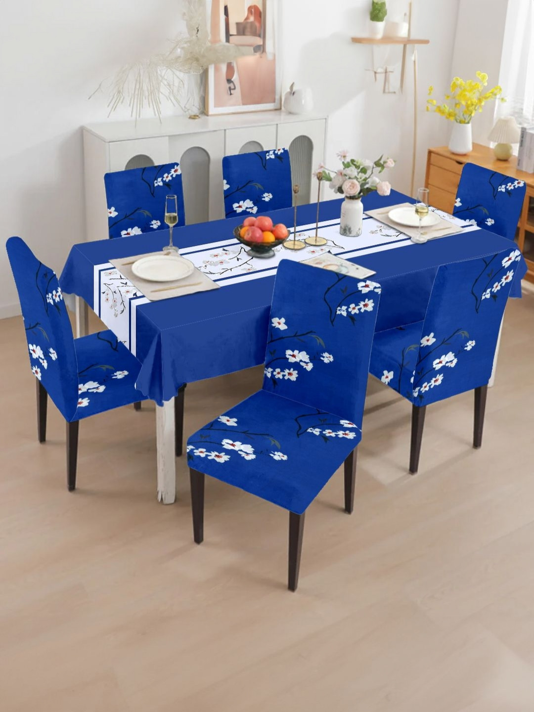 Aura 7-Pcs Blue & White Floral Printed Table Cover & Dining Chair Cover Set