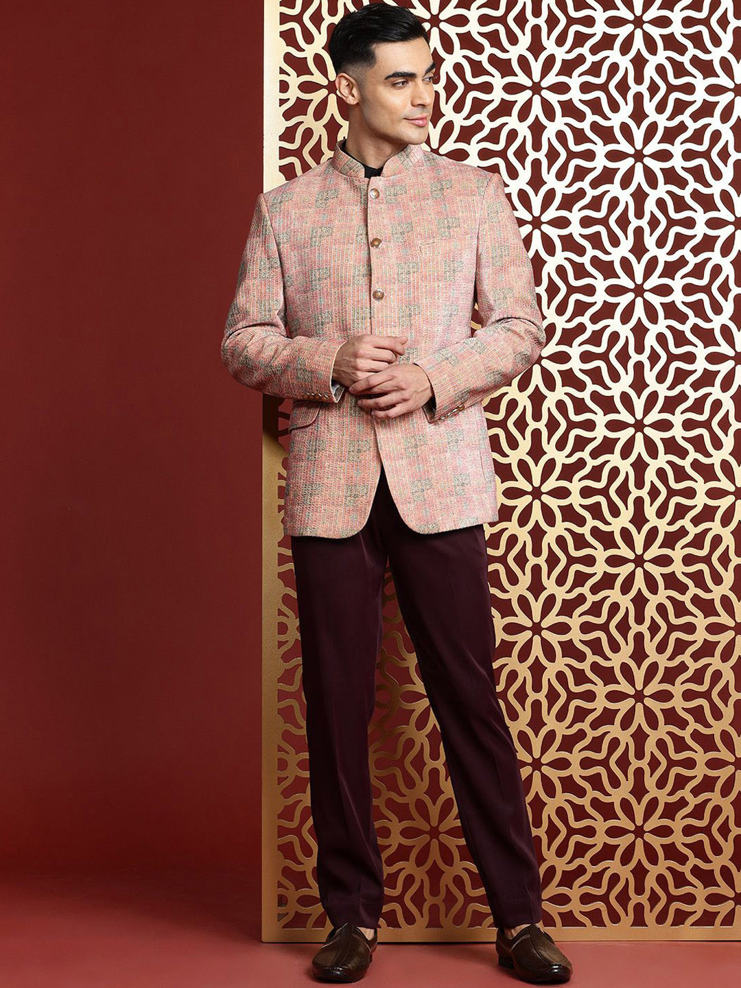 MANQ Ethnic Motif Printed Sequinned Velvet Slim-Fit Bandhgala Blazer