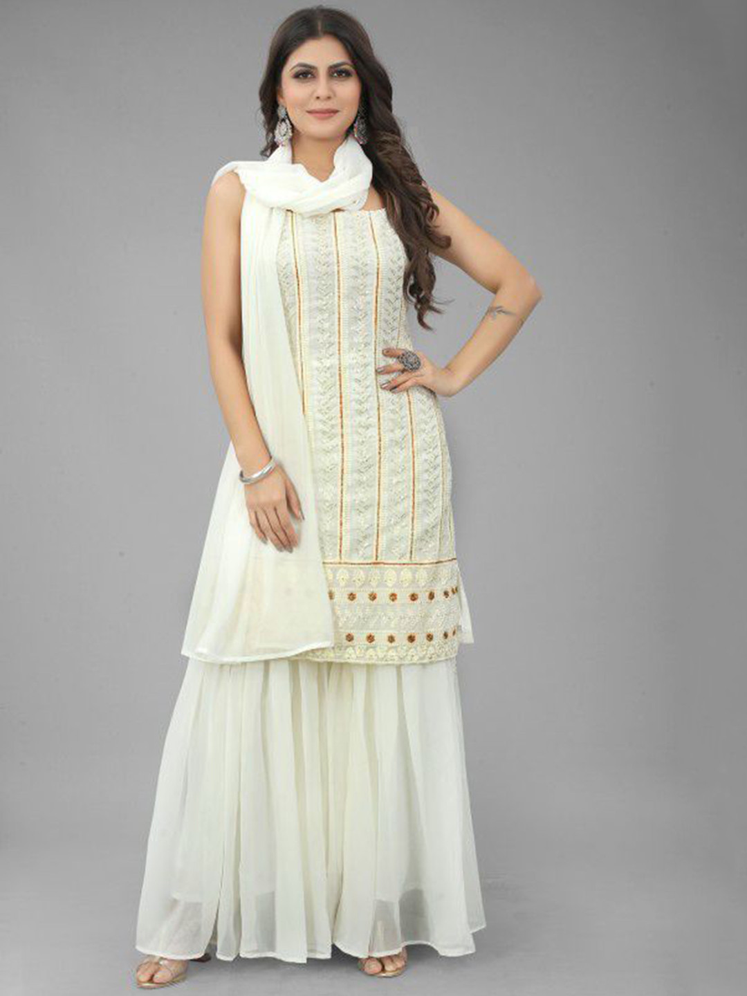 SANCIA Floral Embroidered Sequinned Straight Kurta with Sharara & Dupatta