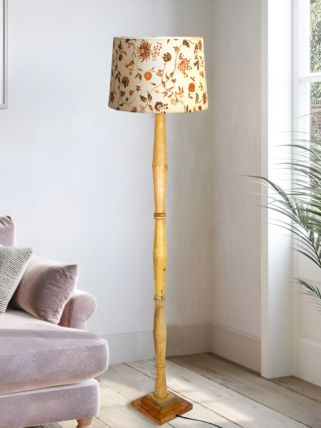 Homesake Rose  & Beige Printed Cylinder Shaped Wooden Floor Lamp