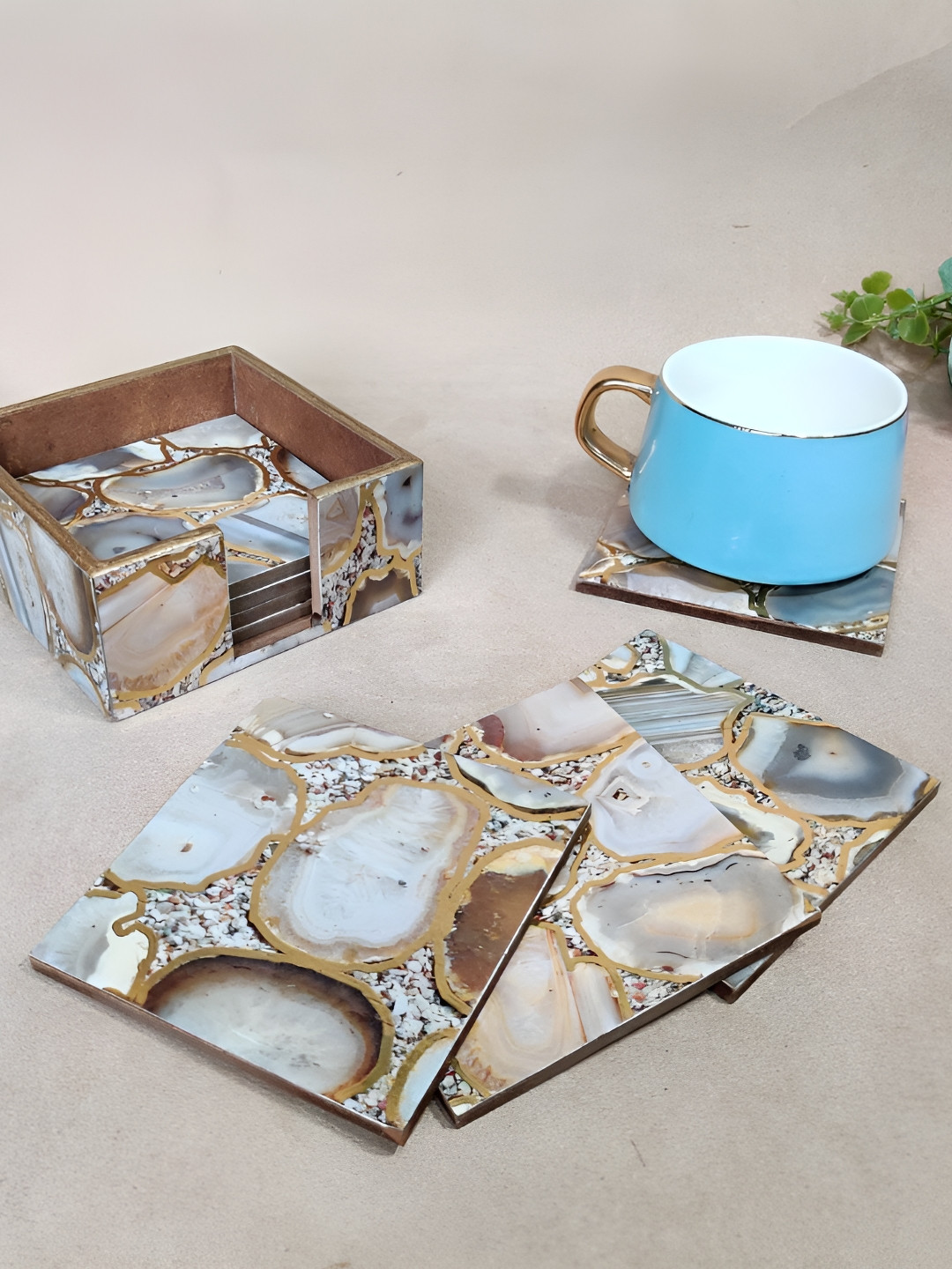 THE HOME CO. Grey & Gold-Toned 7 Pieces Abstract Printed Wooden Square Shaped Coasters