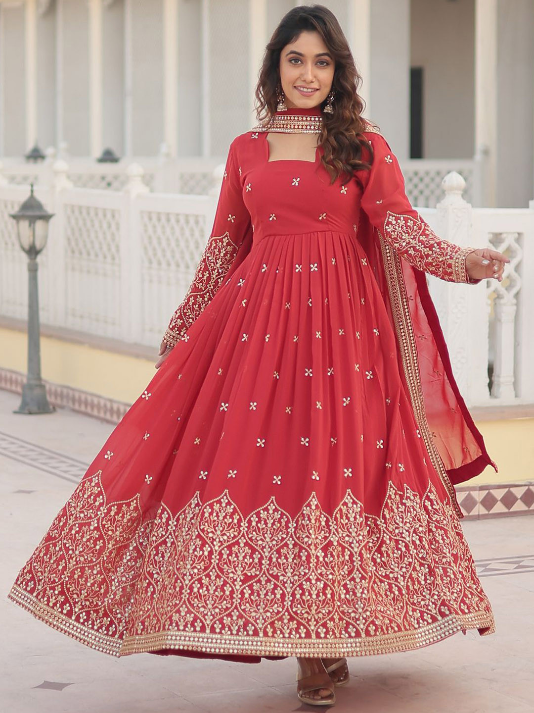 Fashionuma Ethnic Motifs Sequin Embroidered A-Line Maxi Ethnic Dress With Dupatta