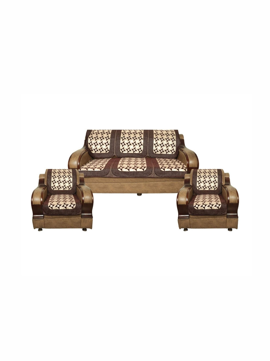 MONKDECOR Brown & Beige 6 Pieces Printed Velvet 5 Seater Without Arms Sofa Covers