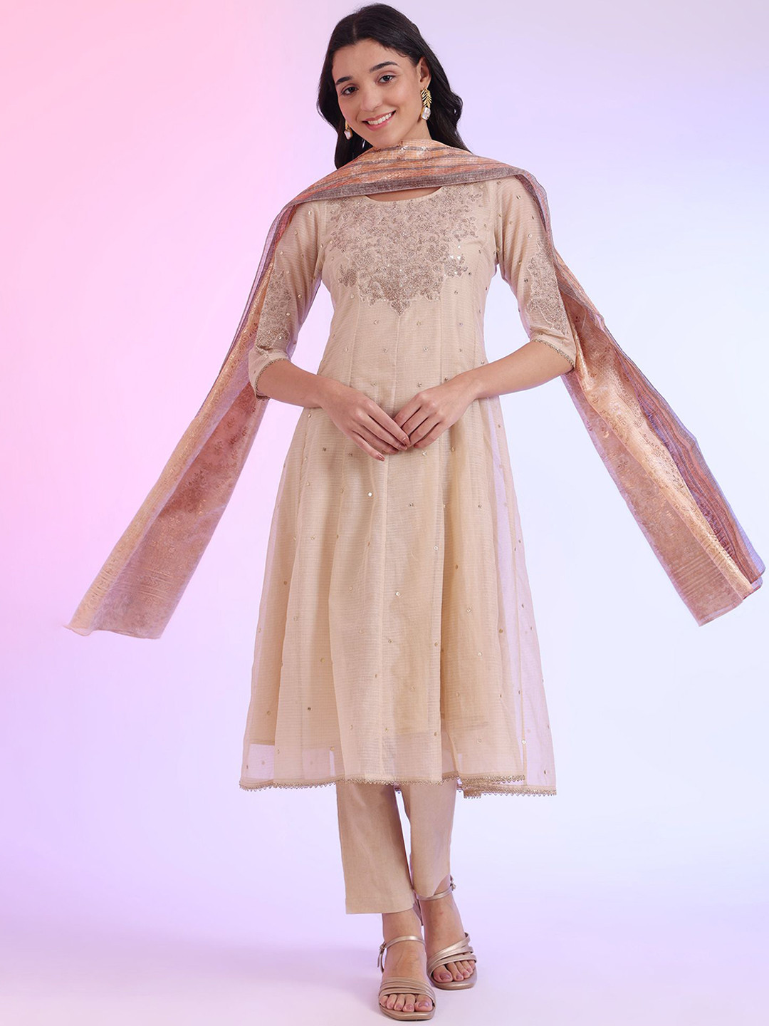 AURELIA loral Embroidered Round Neck Straight Kurta With Trouser And Dupatta