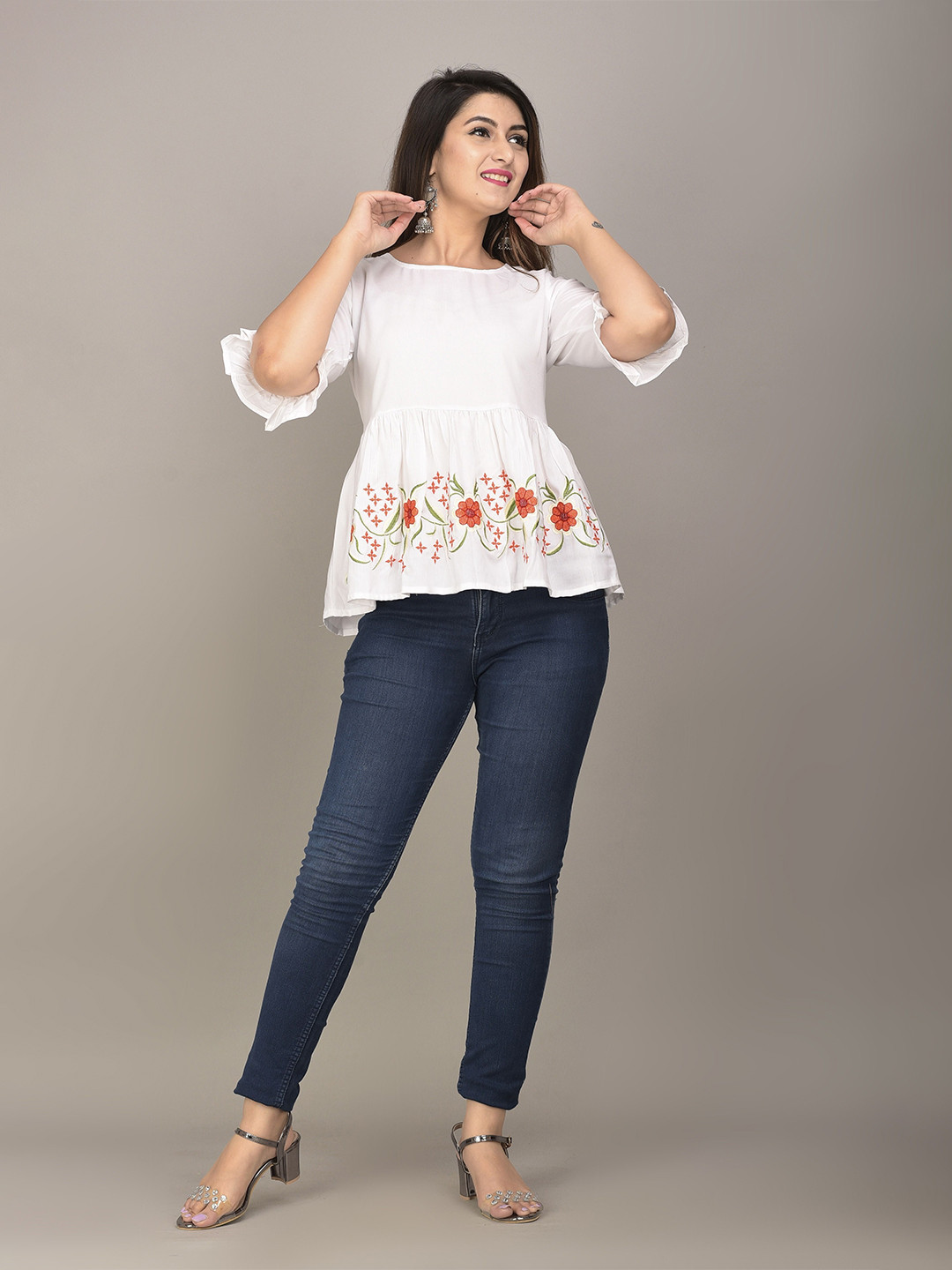 VYMO Women Floral Embroidered A-Line Top