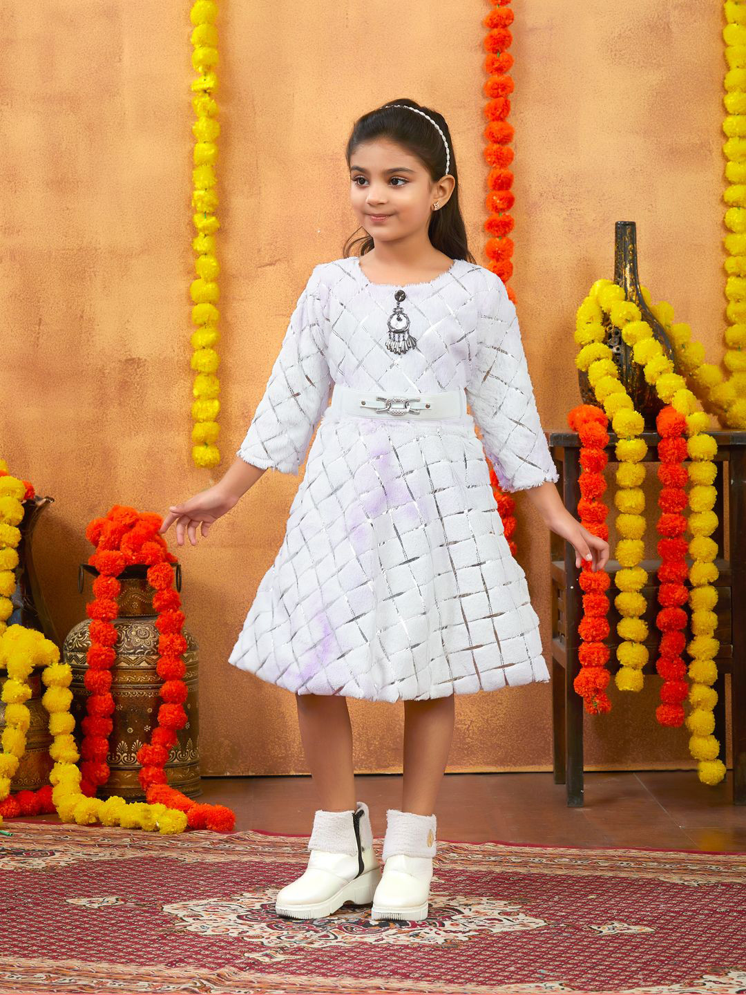 HERE&NOW Girls Self Design A-Line Knee Length Dress