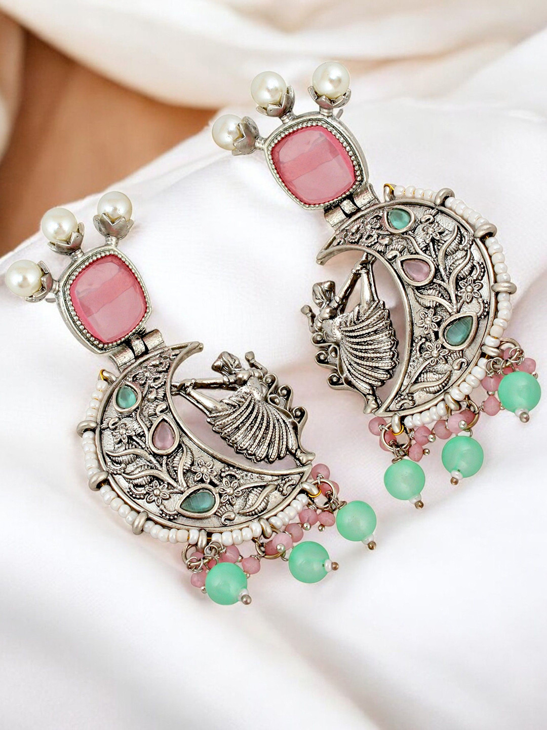 LUCKY JEWELLERY Oxidised Artificial Stones Studed & Beaded Crescent Shaped Drop Earrings