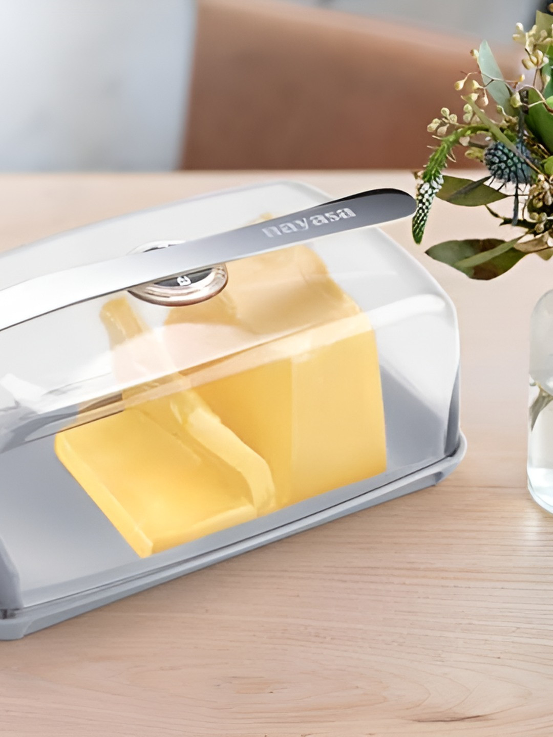 Nayasa Grey Smart Butter Dish with Magnetic Butter Knife Holder & Side Section