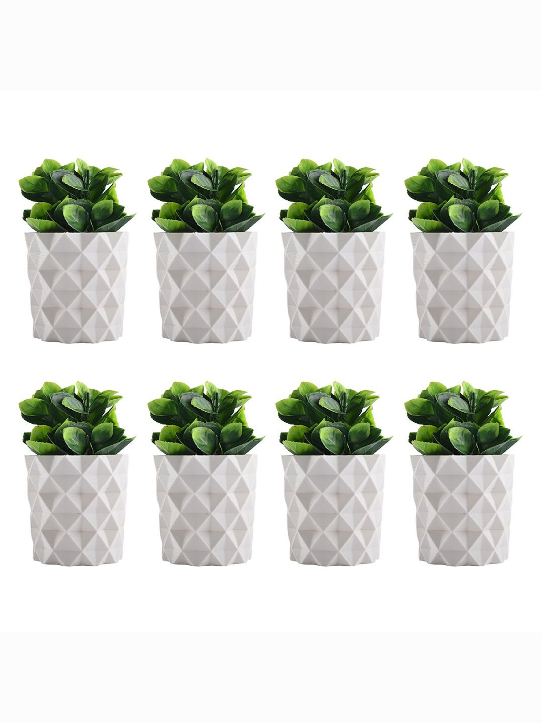 Kuber Industries White & Green 8 Pieces Textured Artificial Plants With Pots