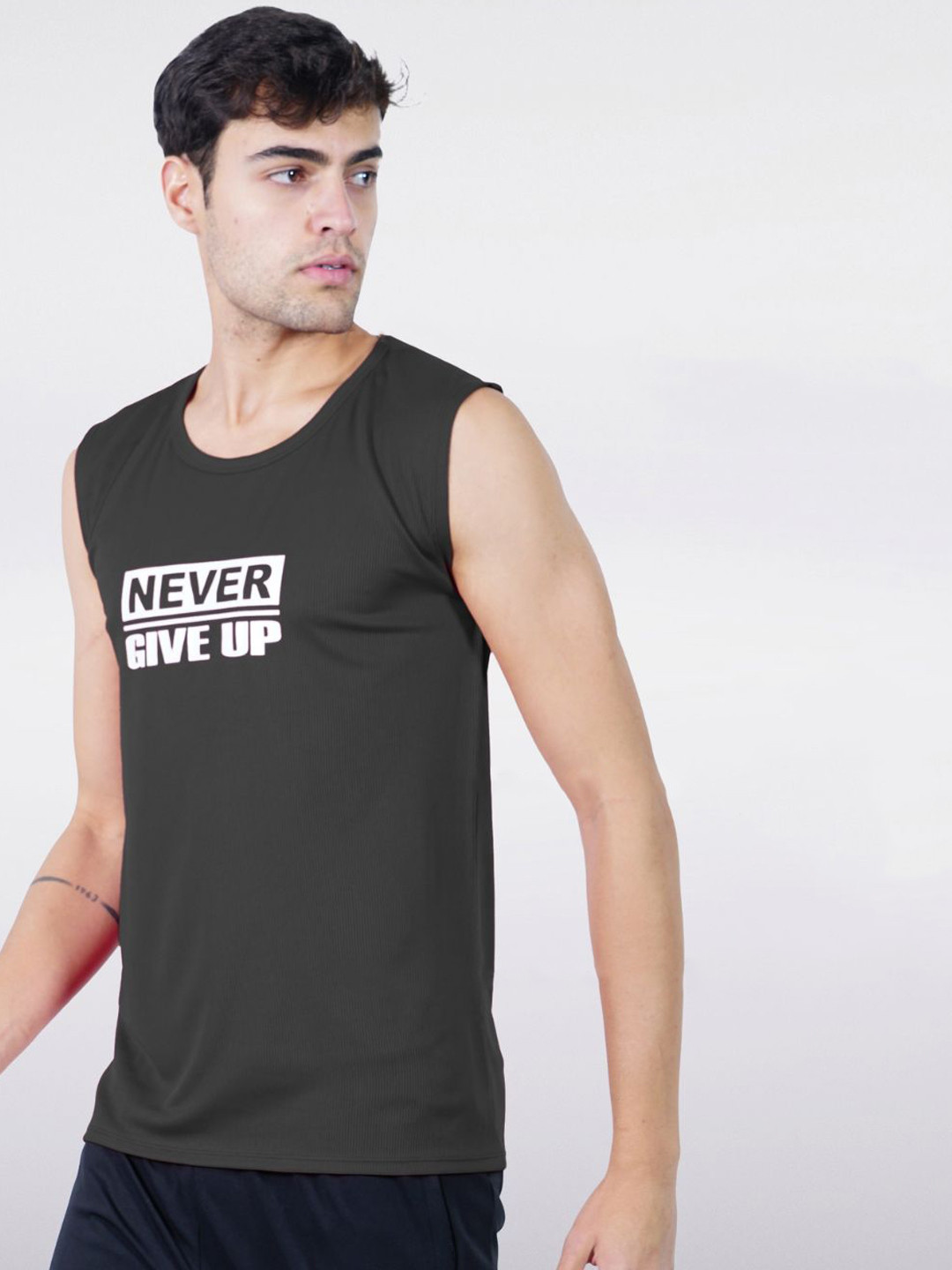 Body Mechanics Men Never Give Up Printed Relaxed-Fit Innerwear Vest - MN-BMS-22-Black-S