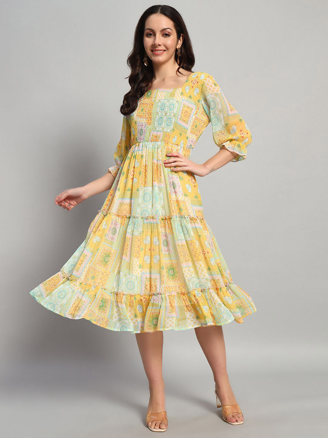 WISSTLER Women Floral Printed Puff Sleeve Chiffon Fit & Flare Midi Dress