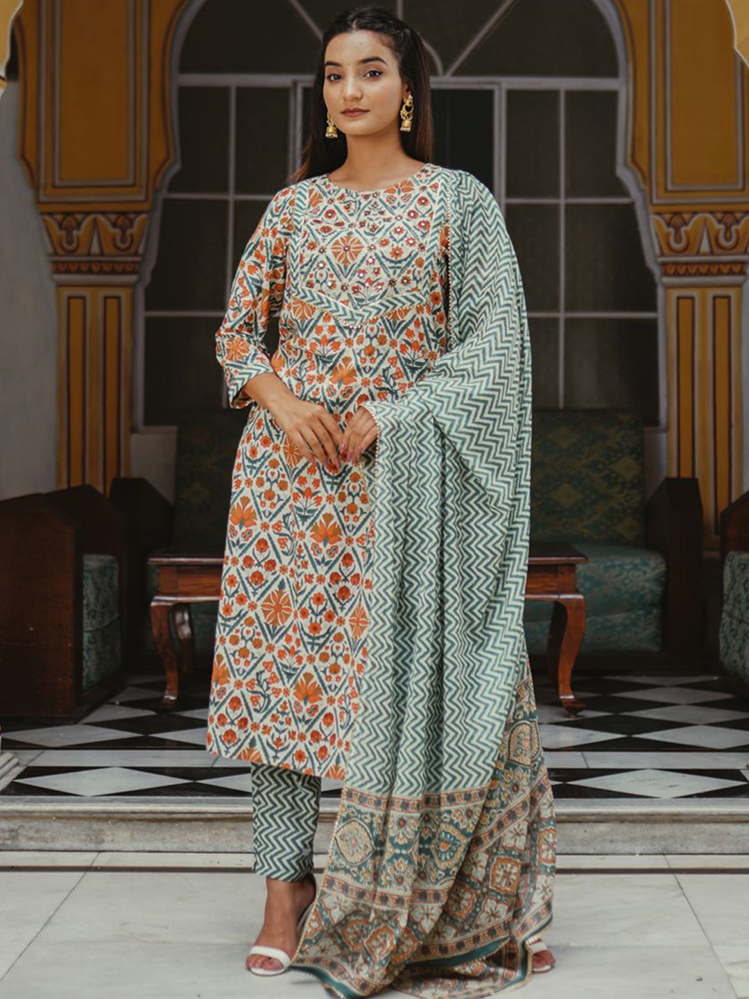 POPPIES LANE Green Sanganeri Print Cotton Suit Set