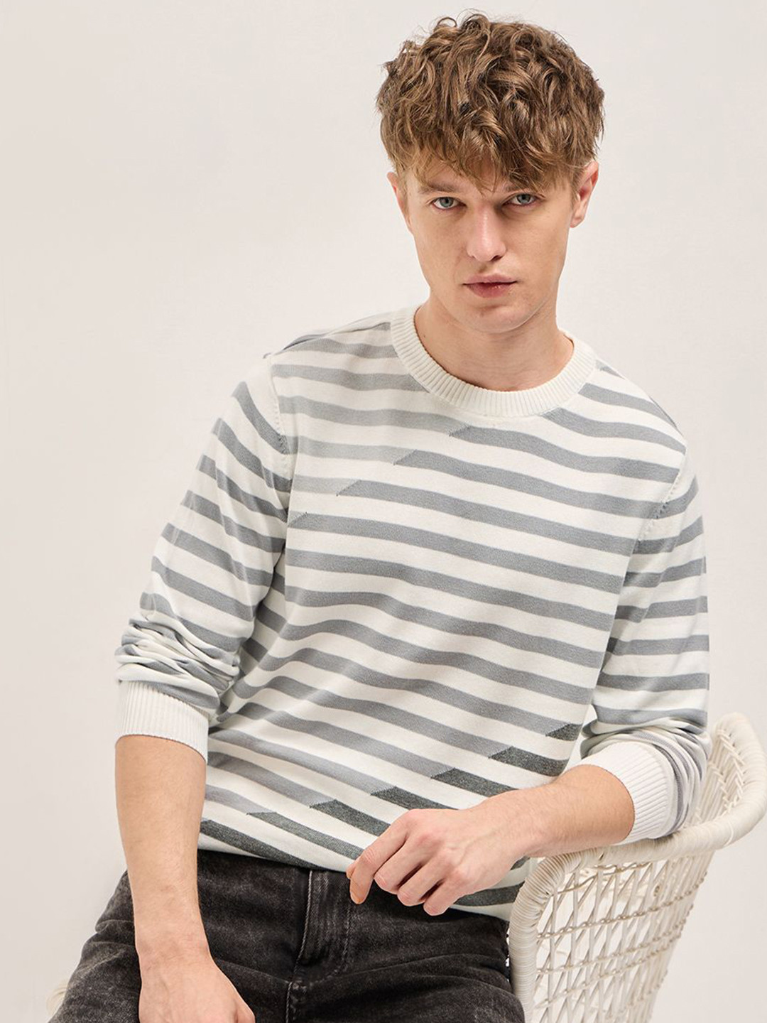 THE BEAR HOUSE Striped Round Neck Pure Cotton Sweater