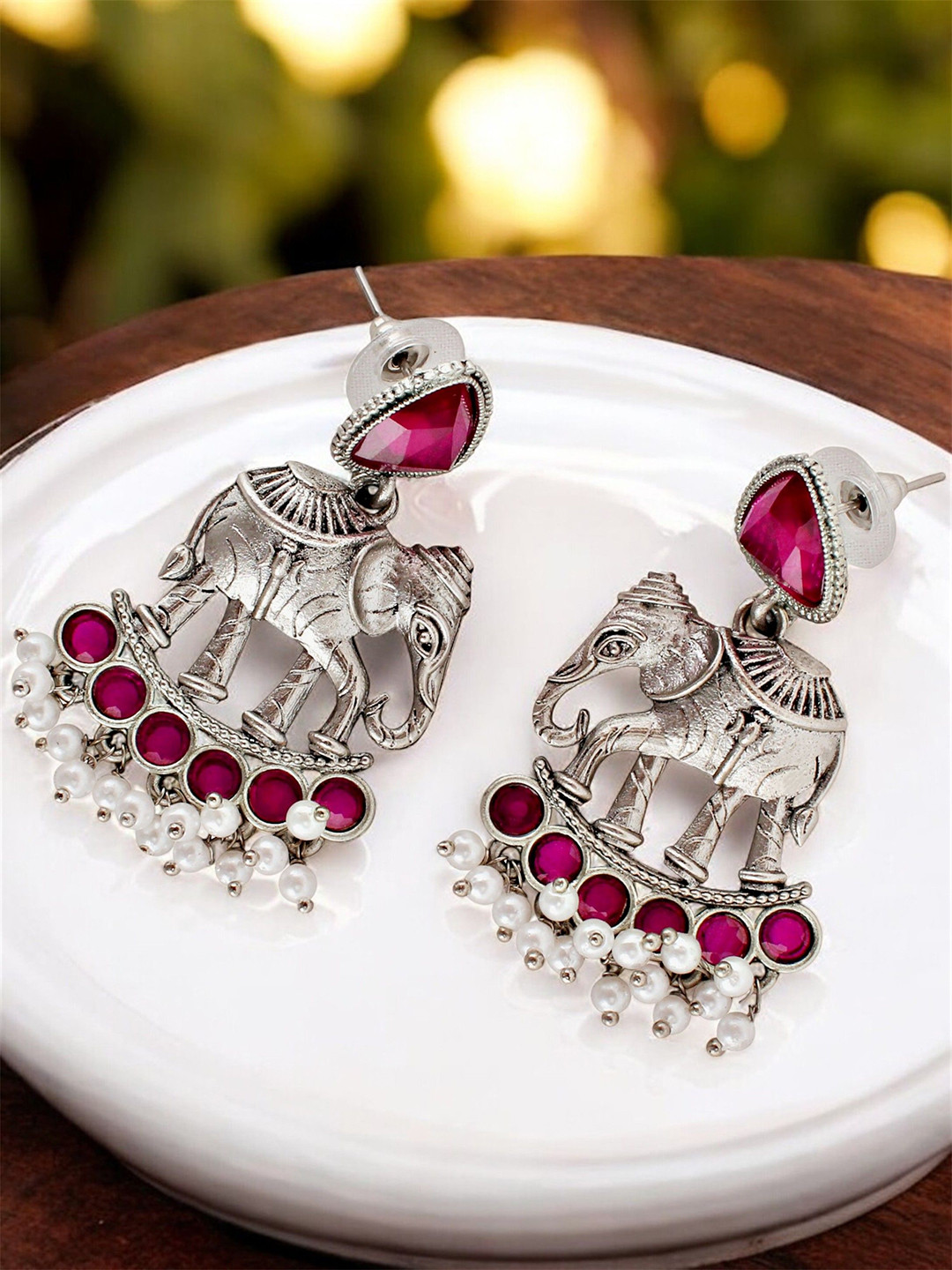 LUCKY JEWELLERY Oxidised Artificial Stones Studed And Beaded Animals Shaped Drop Earrings