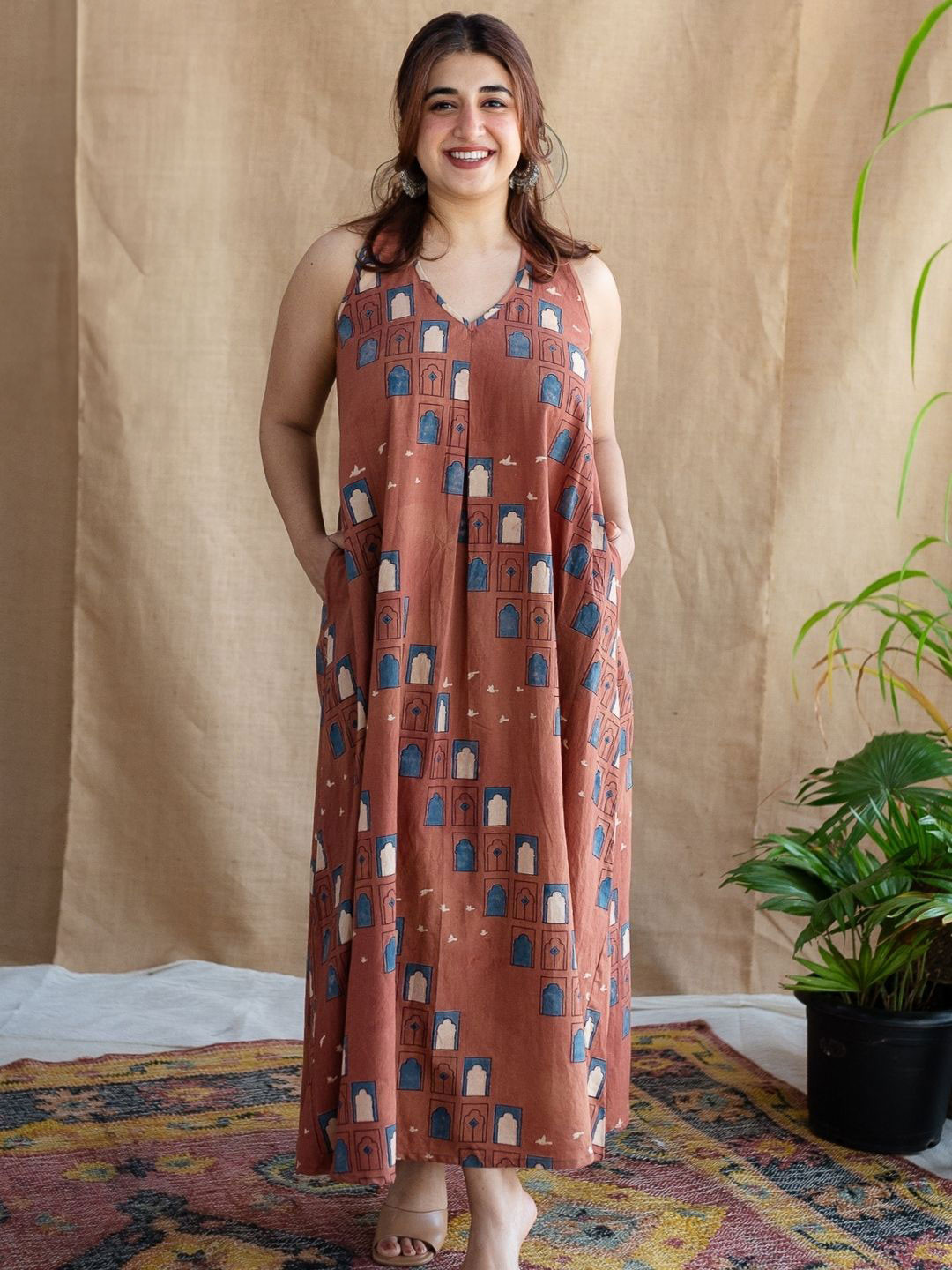 THE INDIAN ETHNIC CO Brick Red A-Line Ajrakh Cotton Dress
