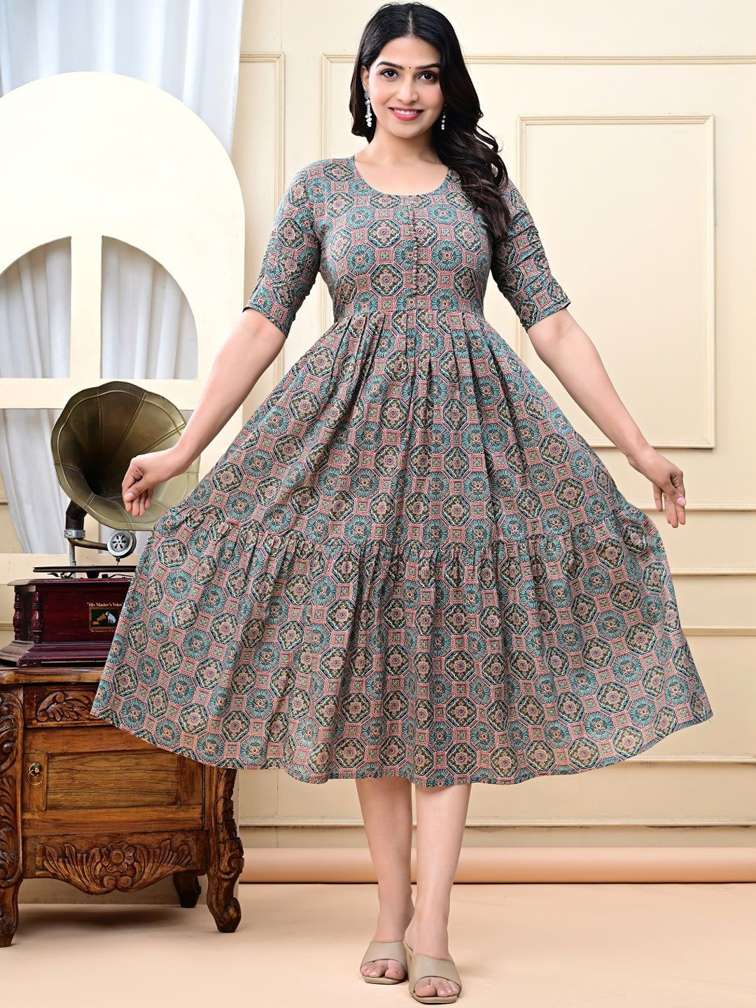 Aasira Ethnic Motifs Printed Pure Cotton Round Neck A-Line Ethnic Dress