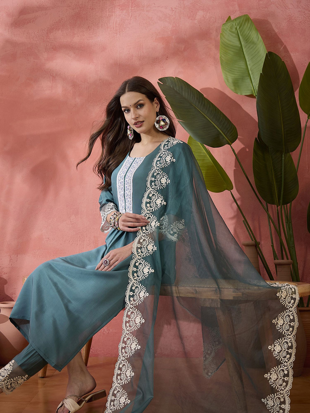 Sangria Teal Floral Yoke Design Patchwork Straight Kurta With Trousers And Dupatta