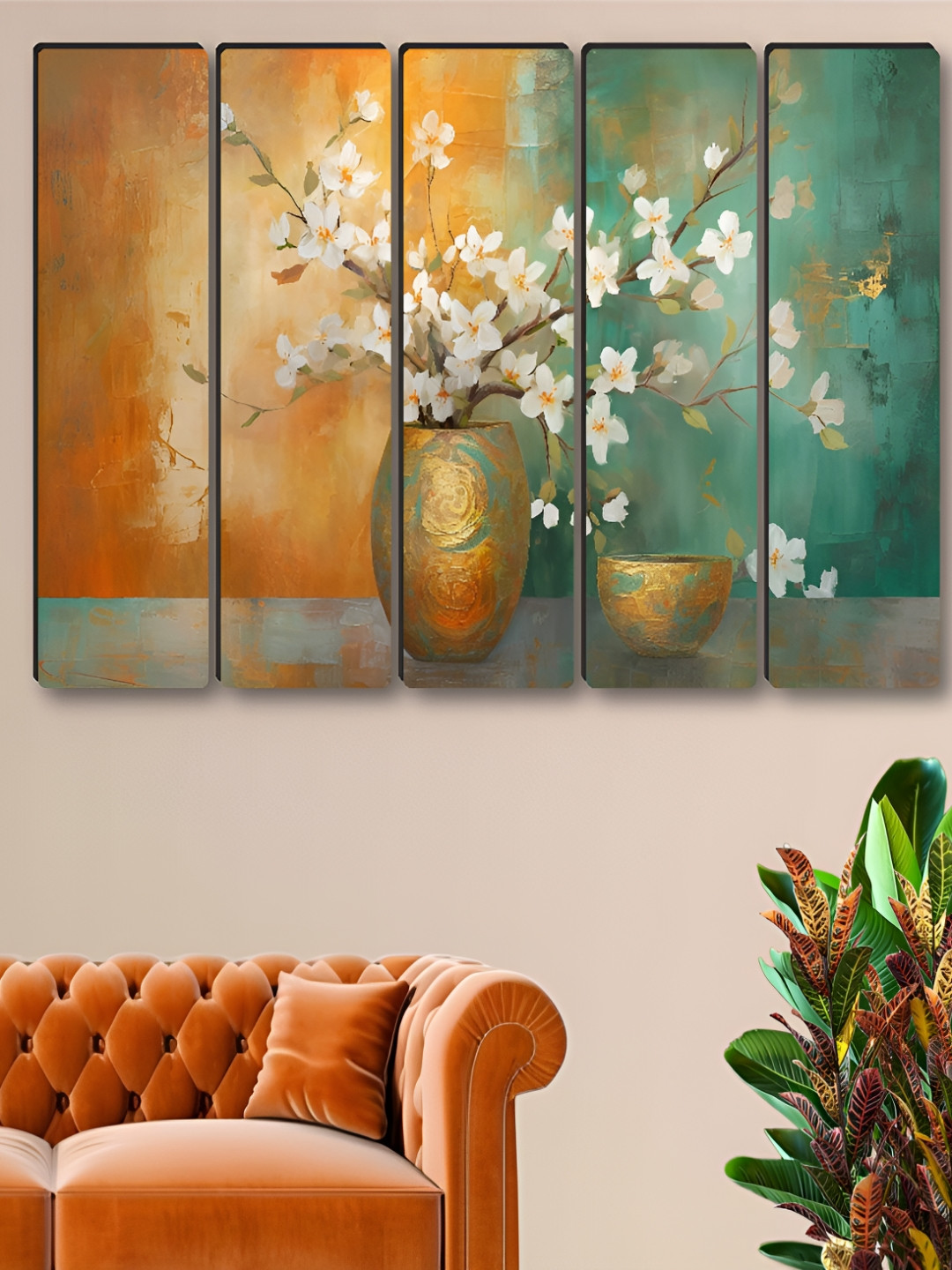 Aura Flower Pot Synthetic Wood 5 Piece Wall Rectangle Paintings Wall Art-30 x 10In