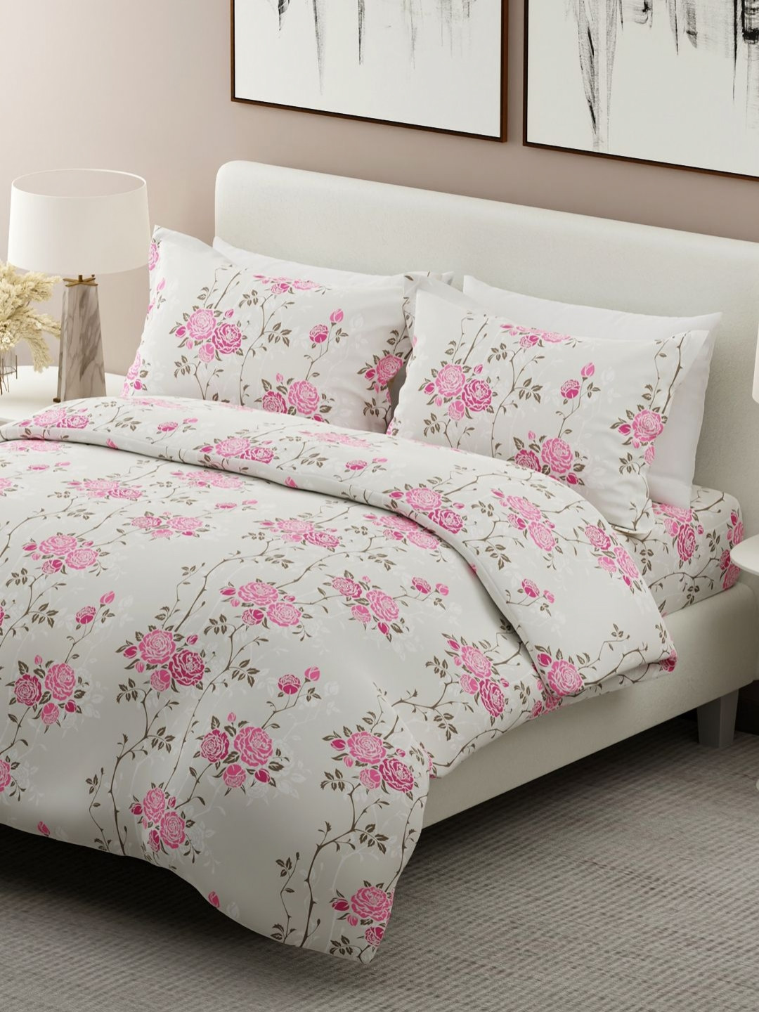 Boutique Living India 100% Cotton 300 TC Floral Print Rose Scented King Bedsheet Set