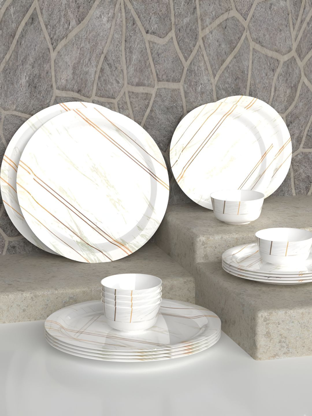 Castleite White Geometric Melamine Dishwasher and Microwave Safe 18 Piece Dinner Set