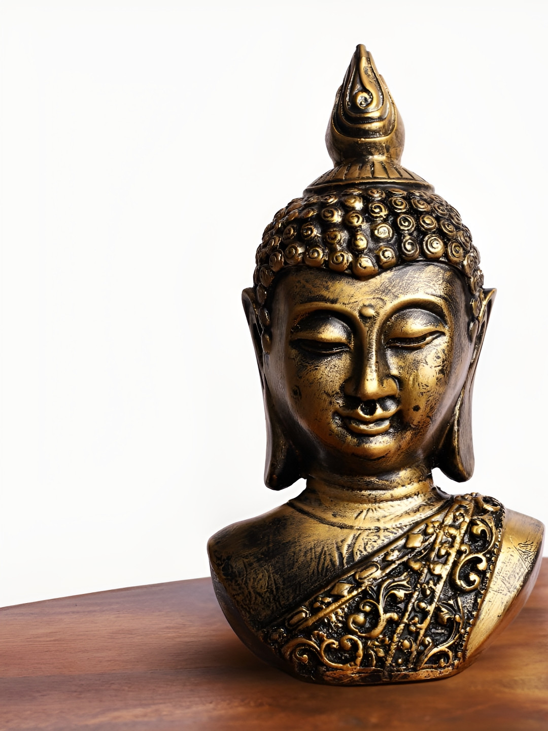 INTERNATIONAL GIFT Antique Buddha Head Gold Polyresin Metallic Prayer Room Medium Showpiece - 3.9 Inches