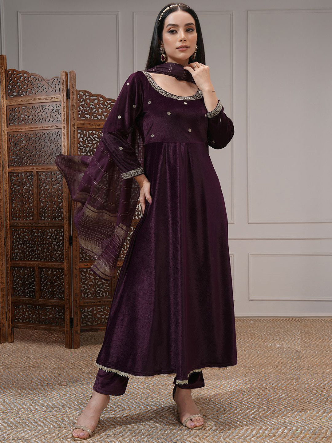 Vishudh Women Embroidered Velvet Umbrella Kurta With Slim Pants & Dupatta