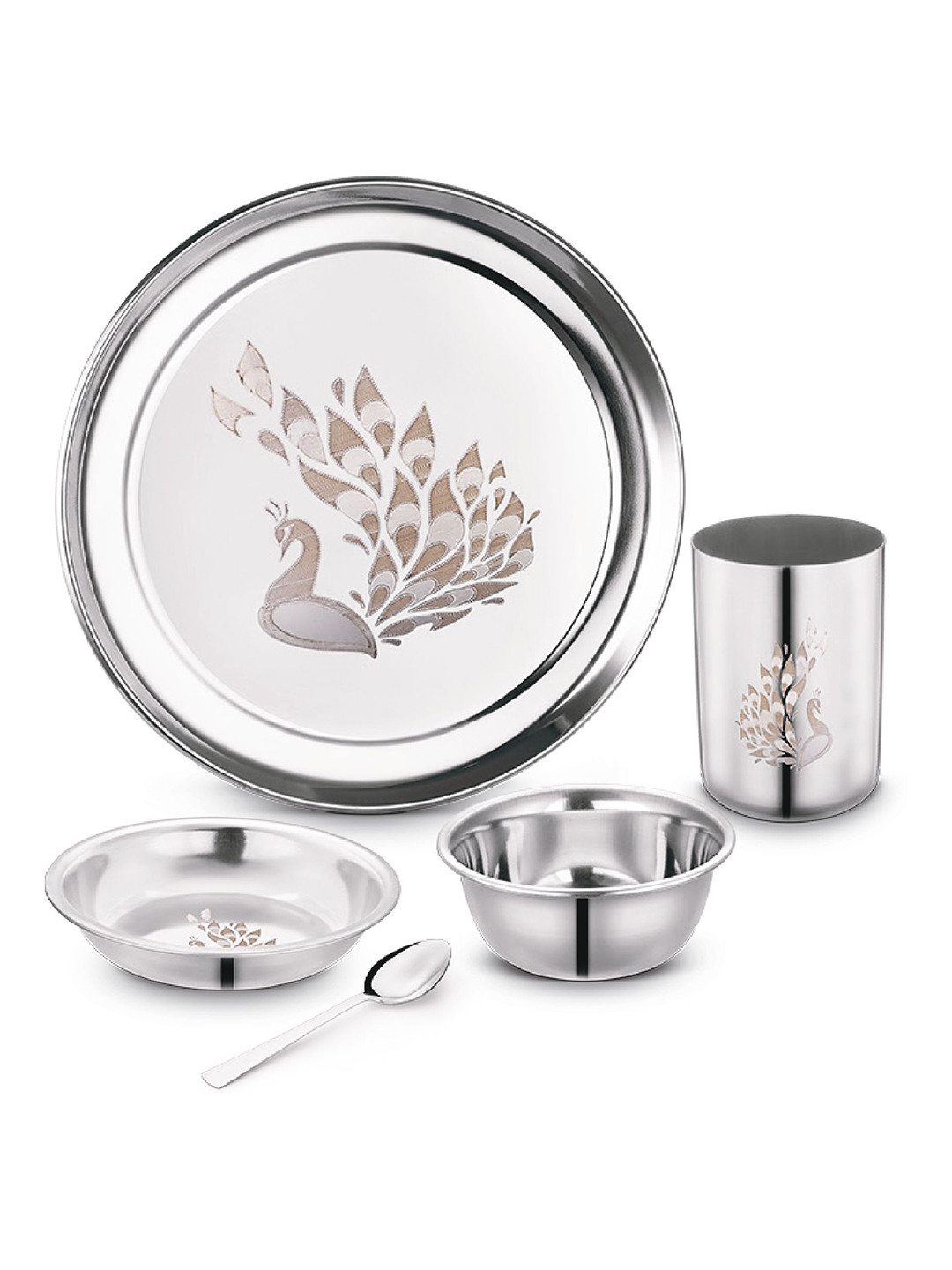 Classic Essentials Peacock Dinner Silver Animal Print Stainless Steel Easy to Clean 5 Piece Dinner Set