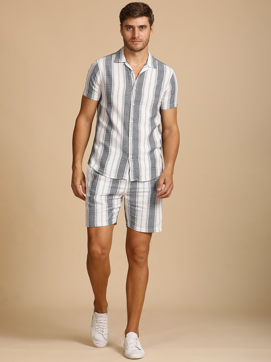 POE Rayna Pure Cotton Dobby Striped Shirt With Shorts Co-Ords