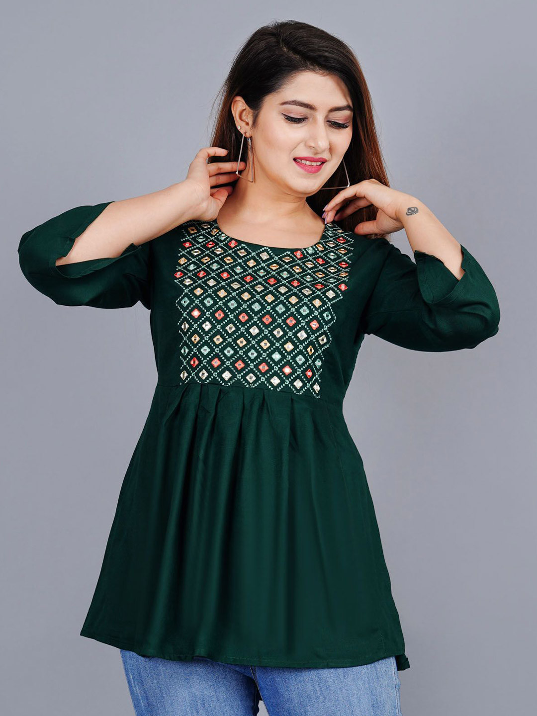 L.H HANDICRAFTS Floral Printed Mirror work Peplum Top