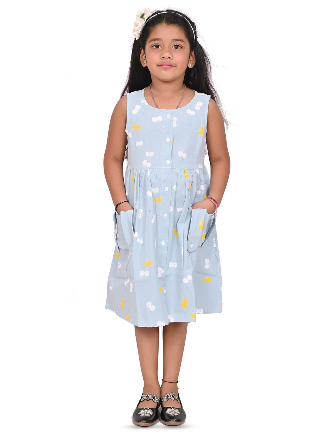 Megha Overseas Girls Printed Sleeveless Fit and Flare Dress with Pocket Detailing