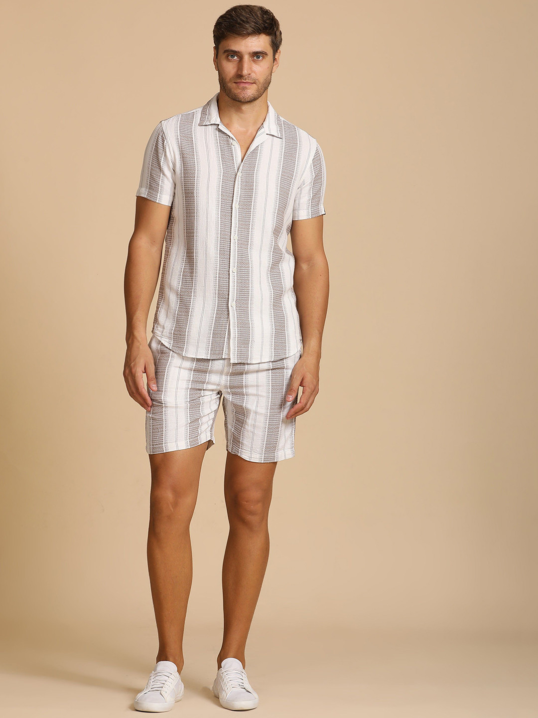 POE Rayna Pure Cotton Dobby Striped Shirt With Shorts Co-Ords