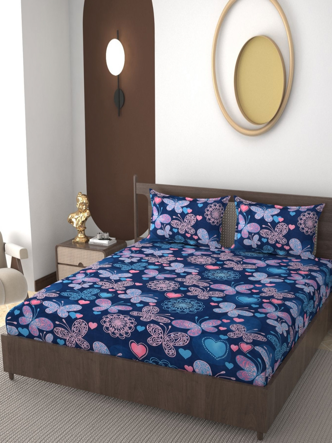 VOMZER Blue Floral Cotton 210 TC Fitted King Fine Bedsheet with 2 Pillow Covers-198 x 183 cm