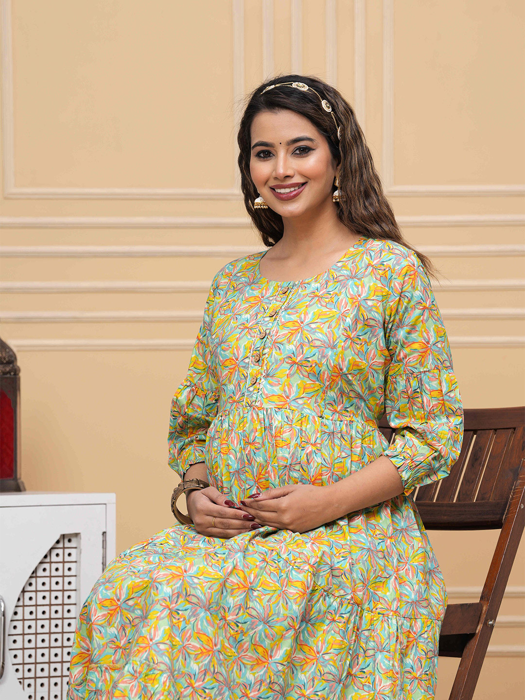 FEMARY Floral Print Puff Sleeve Cotton Maternity Fit & Flare Midi Dress