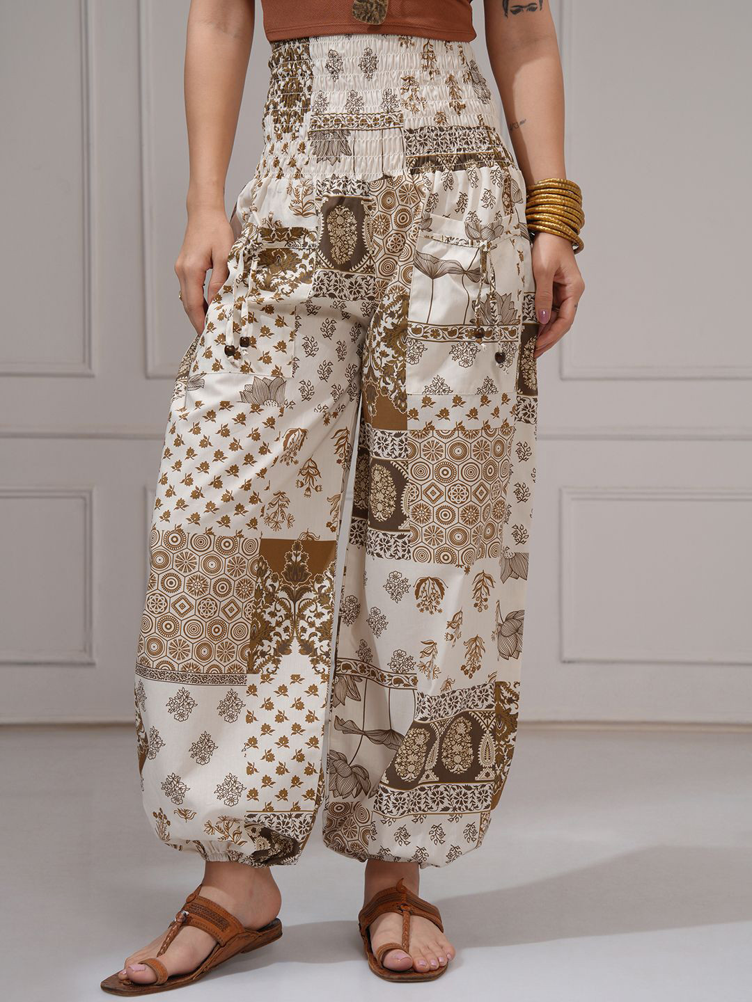 Vishudh Women Printed Harem Pants With Smocked Waist And Detailed Patched Pockets